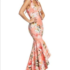 Floral Hi-Lo, Sleeveless, Plunging Gown Dress
